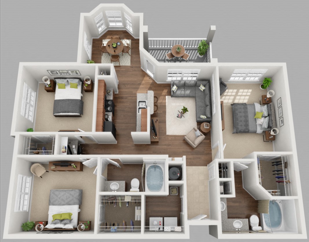 Floor plan for 3 beds, 2 baths, 1386 sqft